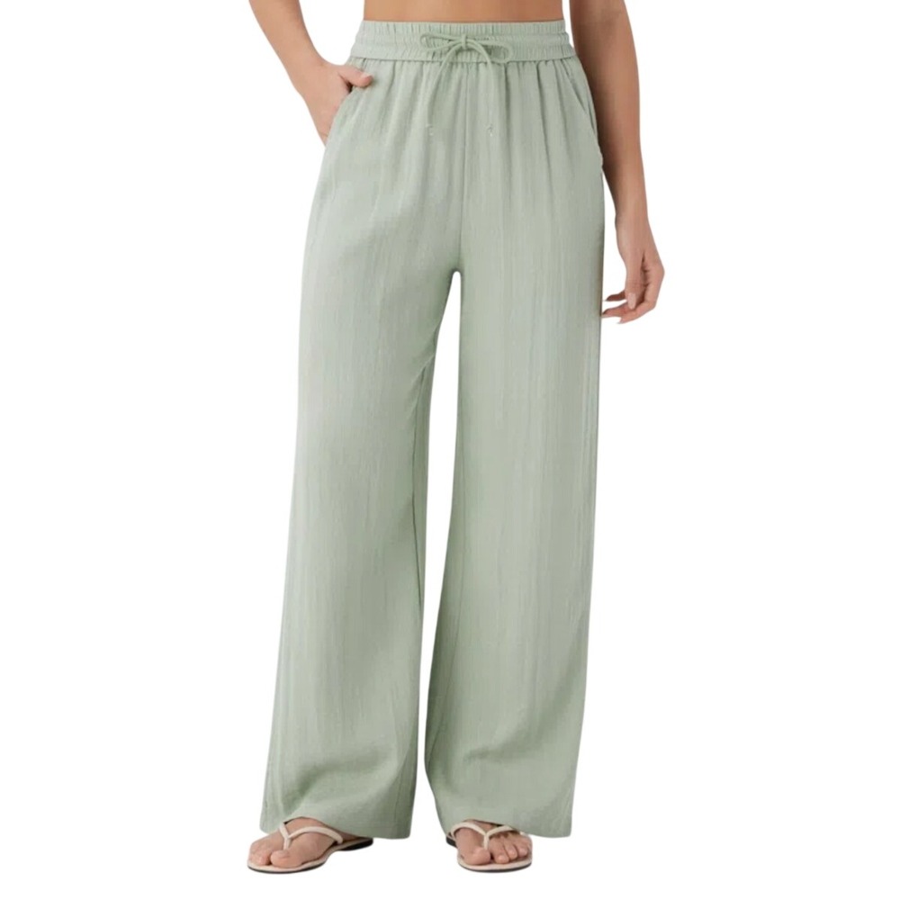 Halara High Waisted Wide Leg Linen-Feel Drawstring Pants Pale Aqua Green M NEW